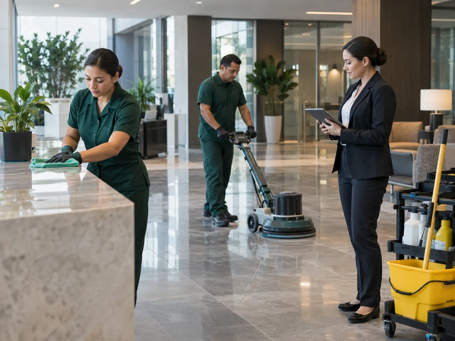 Equipo profesional coordinando la limpieza de un lobby corporativo